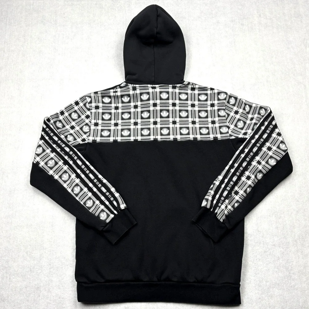 adidas Originals Hoodie Mens Small Black White Plaid Tartan Pullover Fleece